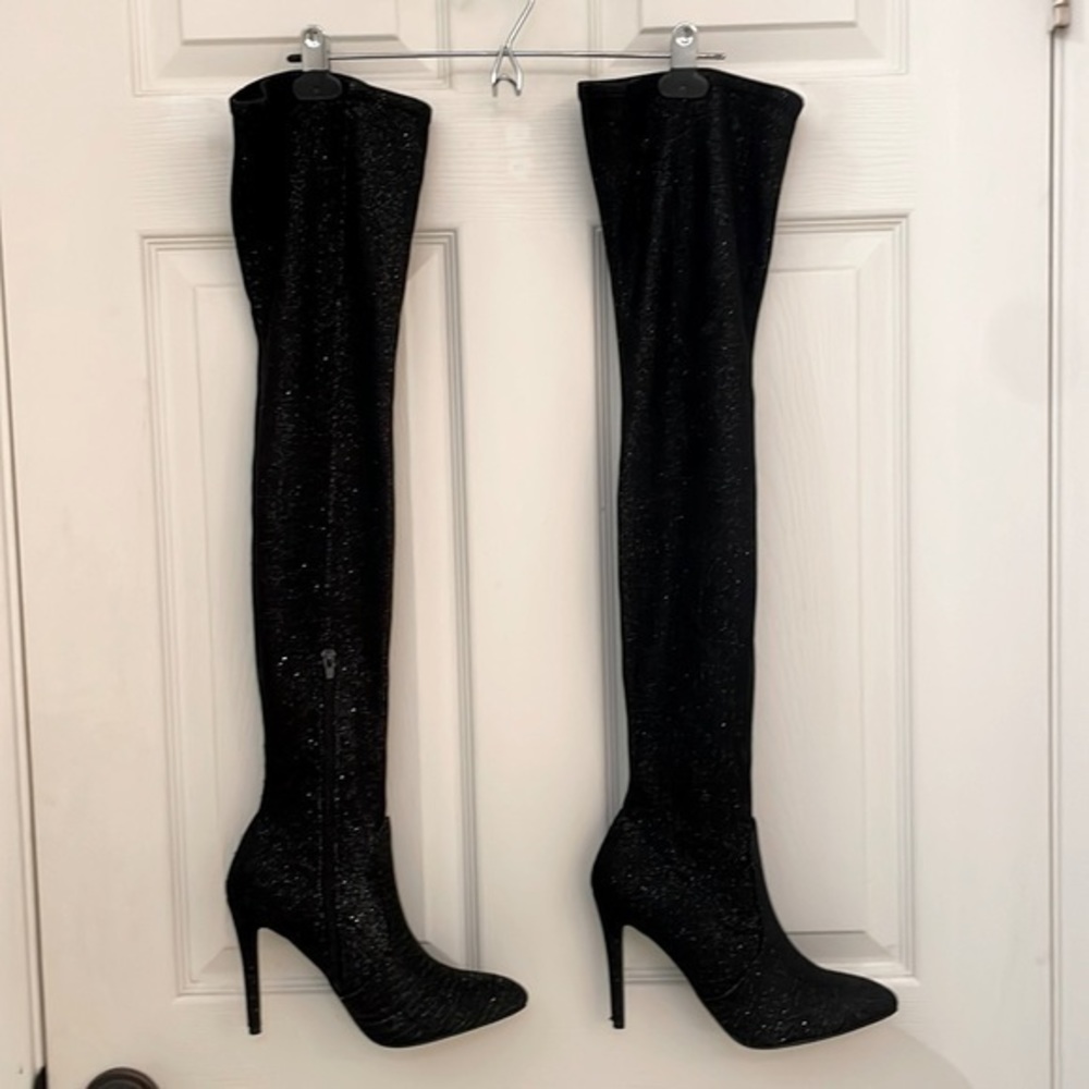 Jacobies Black Shimmer Thigh High Stiletto Boots